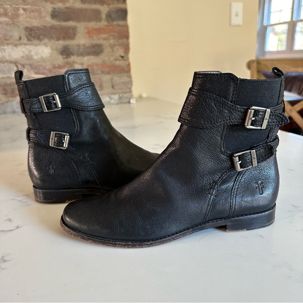 FRYE Women's Anna Gore Double Buckle Black Leather Boots Size 9- SH08